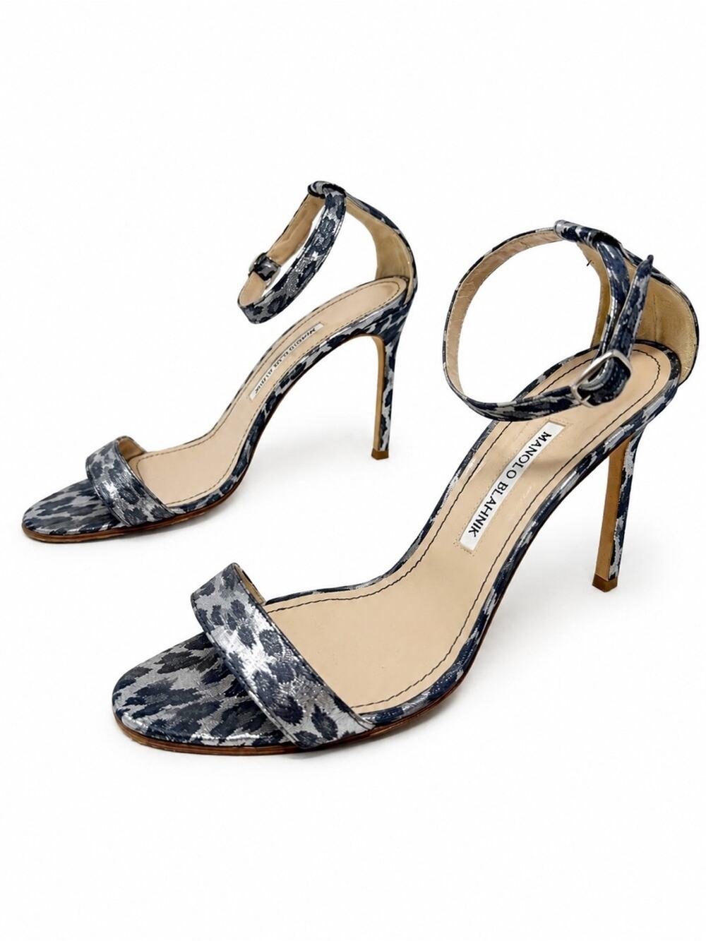 Manolo Blahnik Chaos Leopard Print Ankle Strap Sandal Heels Womens Size EU 39.5